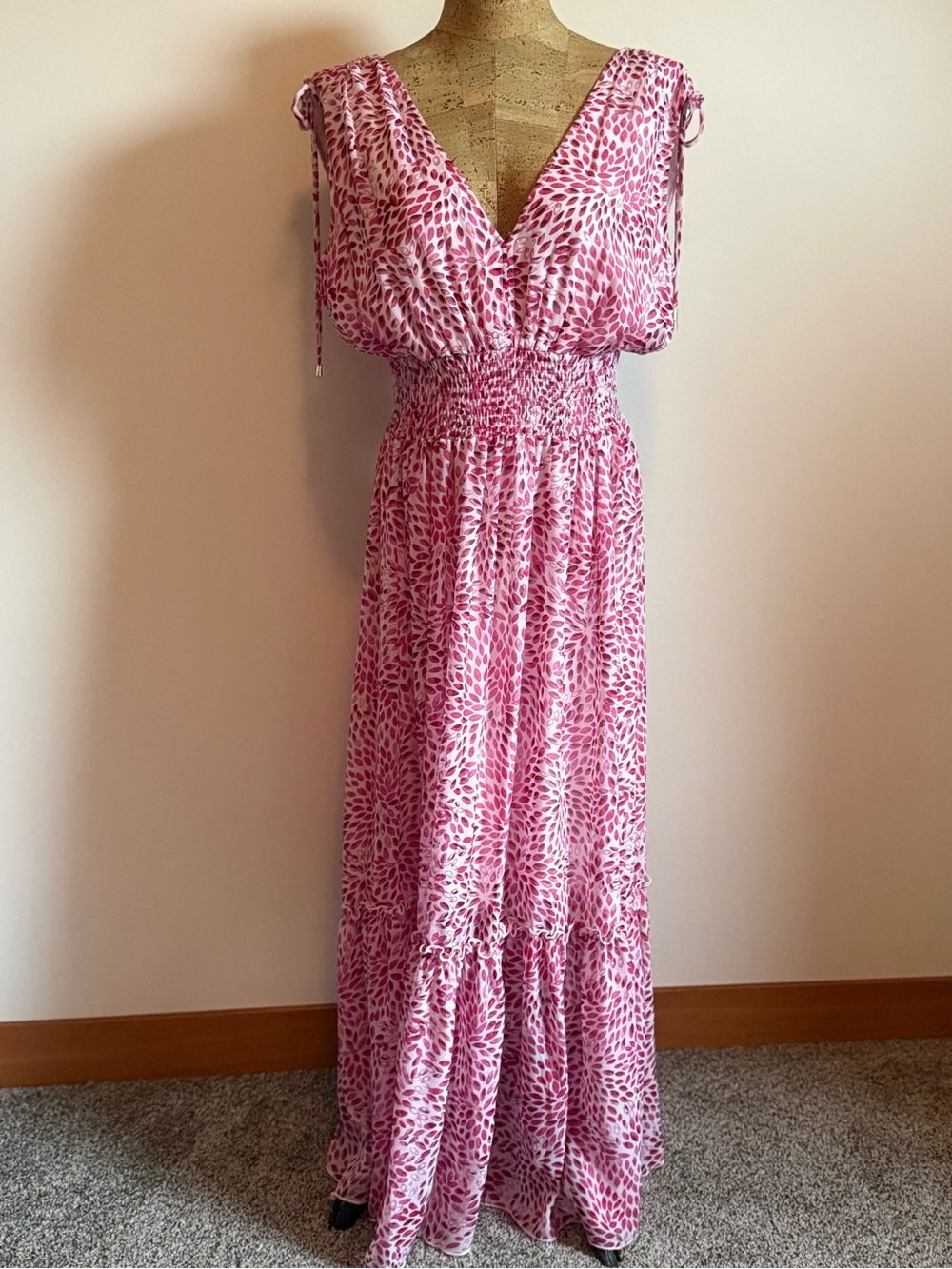 Smocked Waist Pink Printed Maxi Dress